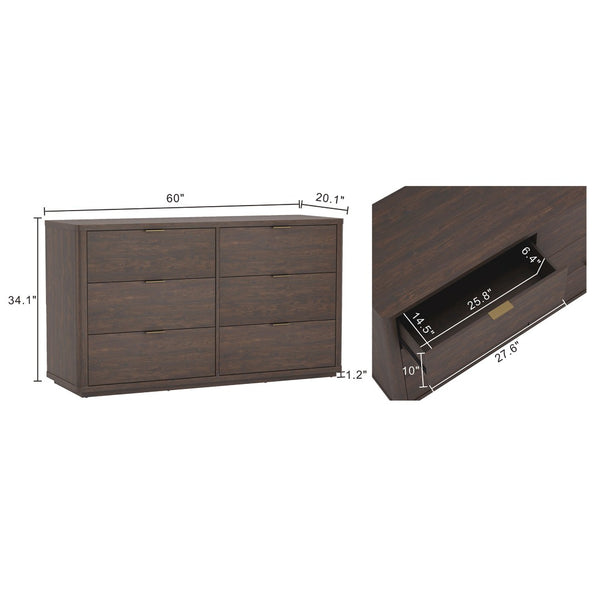 English Elm Dresser with Six Drawers Brushed Gold Handles Rounded Wood Frame for Modern Bedroom Brown B365S00168