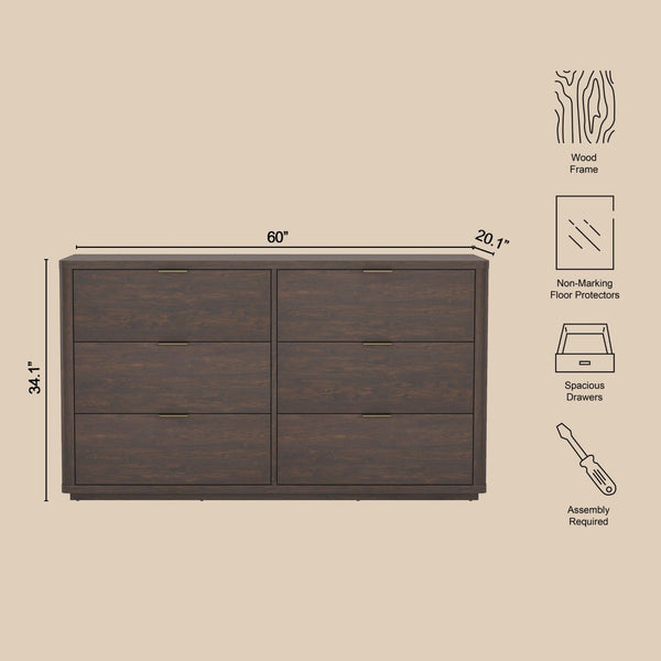 English Elm Dresser with Six Drawers Brushed Gold Handles Rounded Wood Frame for Modern Bedroom Brown B365S00168