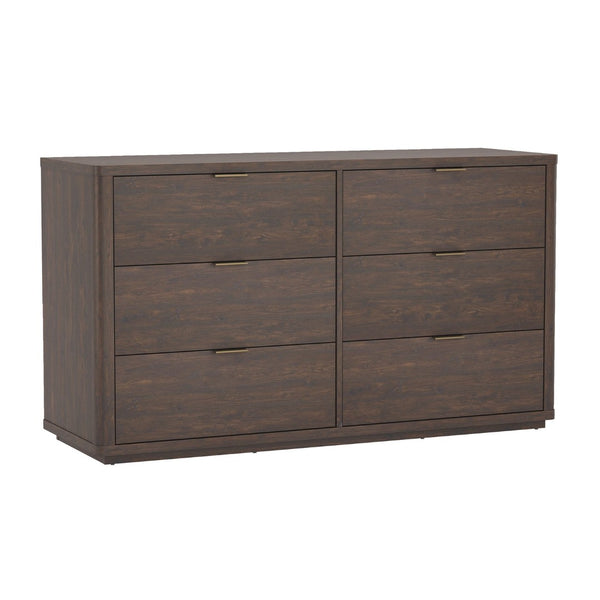 English Elm Dresser with Six Drawers Brushed Gold Handles Rounded Wood Frame for Modern Bedroom Brown B365S00168
