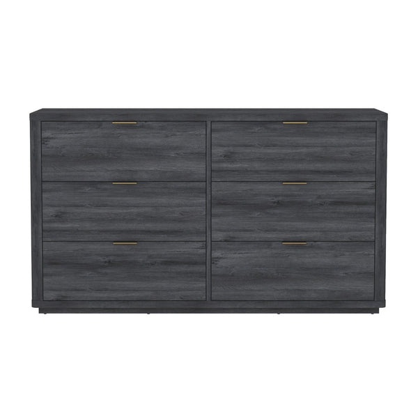 English Elm Dresser with Six Drawers Brushed Gold Handles Rounded Wood Frame for Modern Bedroom Charcoal Gray B365S00169