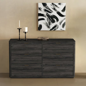English Elm Dresser with Six Drawers Brushed Gold Handles Rounded Wood Frame for Modern Bedroom Charcoal Gray B365S00169