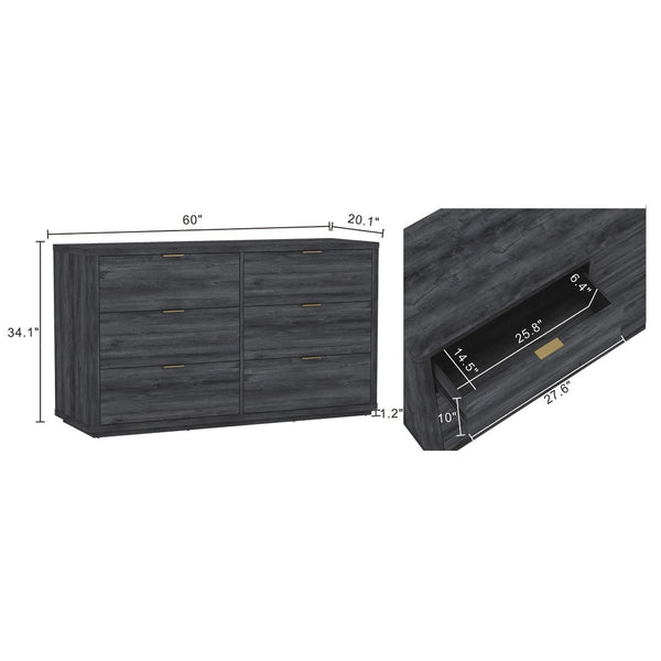 English Elm Dresser with Six Drawers Brushed Gold Handles Rounded Wood Frame for Modern Bedroom Charcoal Gray B365S00169