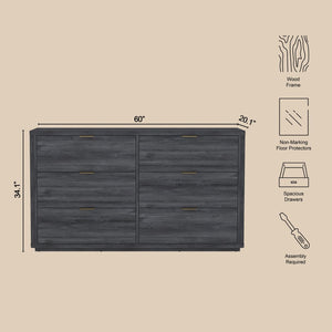 English Elm Dresser with Six Drawers Brushed Gold Handles Rounded Wood Frame for Modern Bedroom Charcoal Gray B365S00169