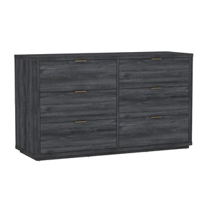 English Elm Dresser with Six Drawers Brushed Gold Handles Rounded Wood Frame for Modern Bedroom Charcoal Gray B365S00169
