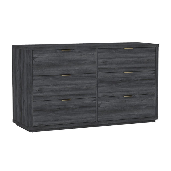 English Elm Dresser with Six Drawers Brushed Gold Handles Rounded Wood Frame for Modern Bedroom Charcoal Gray B365S00169