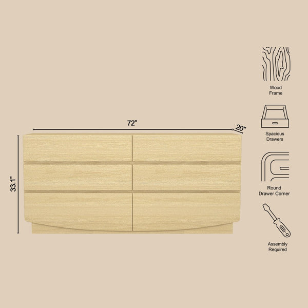 English Elm Dresser with Six Handle-free Drawers in Warm Wood Grain Laminate for Modern Bedrooms Oak B365S00170