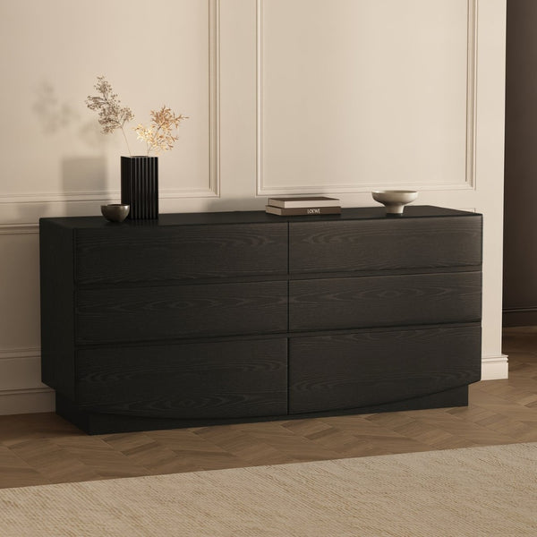 English Elm Dresser with Six Handle-free Drawers in Warm Wood Grain Laminate for Modern Bedrooms Black B365S00171