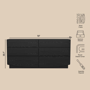 English Elm Dresser with Six Handle-free Drawers in Warm Wood Grain Laminate for Modern Bedrooms Black B365S00171