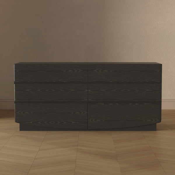 English Elm Dresser with Six Handle-free Drawers in Warm Wood Grain Laminate for Modern Bedrooms Black B365S00171