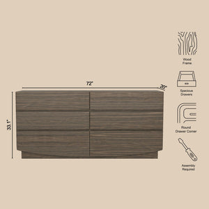 English Elm Dresser with Six Handle-free Drawers in Warm Wood Grain Laminate for Modern Bedrooms Walnut B365S00172