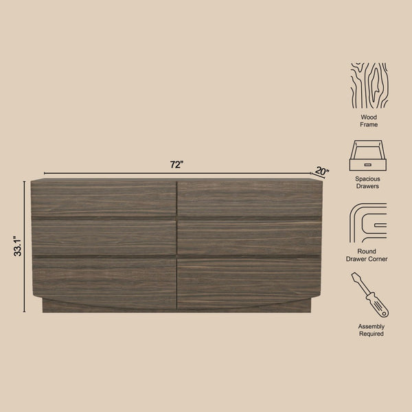 English Elm Dresser with Six Handle-free Drawers in Warm Wood Grain Laminate for Modern Bedrooms Walnut B365S00172