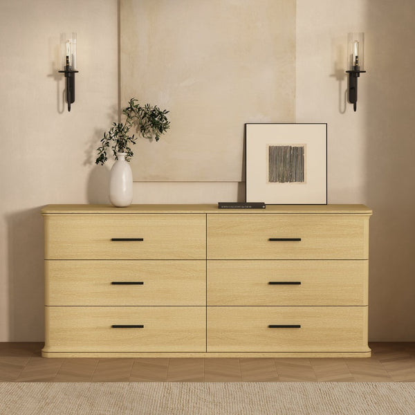 English Elm Dresser with Six Drawers in Warm Wood Grain Laminate for Modern Bedroom Storage Oak B365S00173