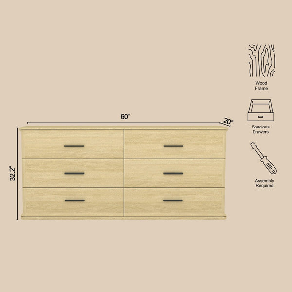 English Elm Dresser with Six Drawers in Warm Wood Grain Laminate for Modern Bedroom Storage Oak B365S00173