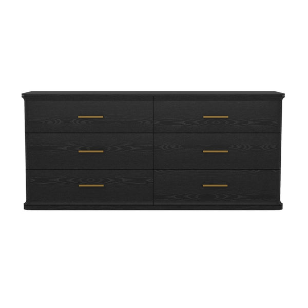 English Elm Dresser with Six Drawers in Warm Wood Grain Laminate for Modern Bedroom Storage Black B365S00174