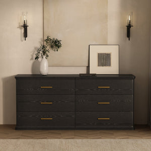 English Elm Dresser with Six Drawers in Warm Wood Grain Laminate for Modern Bedroom Storage Black B365S00174