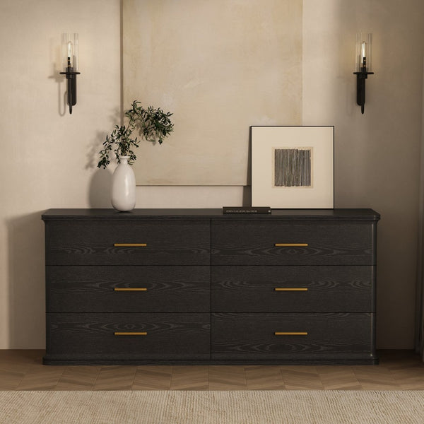 English Elm Dresser with Six Drawers in Warm Wood Grain Laminate for Modern Bedroom Storage Black B365S00174