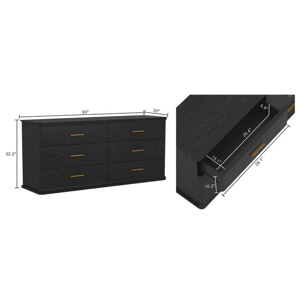 English Elm Dresser with Six Drawers in Warm Wood Grain Laminate for Modern Bedroom Storage Black B365S00174