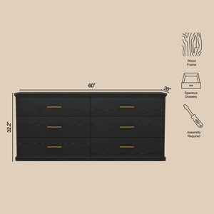 English Elm Dresser with Six Drawers in Warm Wood Grain Laminate for Modern Bedroom Storage Black B365S00174