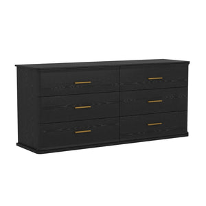 English Elm Dresser with Six Drawers in Warm Wood Grain Laminate for Modern Bedroom Storage Black B365S00174