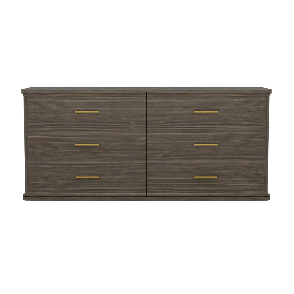 English Elm Dresser with Six Drawers in Warm Wood Grain Laminate for Modern Bedroom Storage Walnut B365S00175