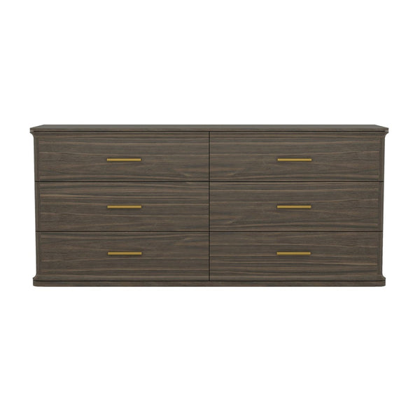 English Elm Dresser with Six Drawers in Warm Wood Grain Laminate for Modern Bedroom Storage Walnut B365S00175