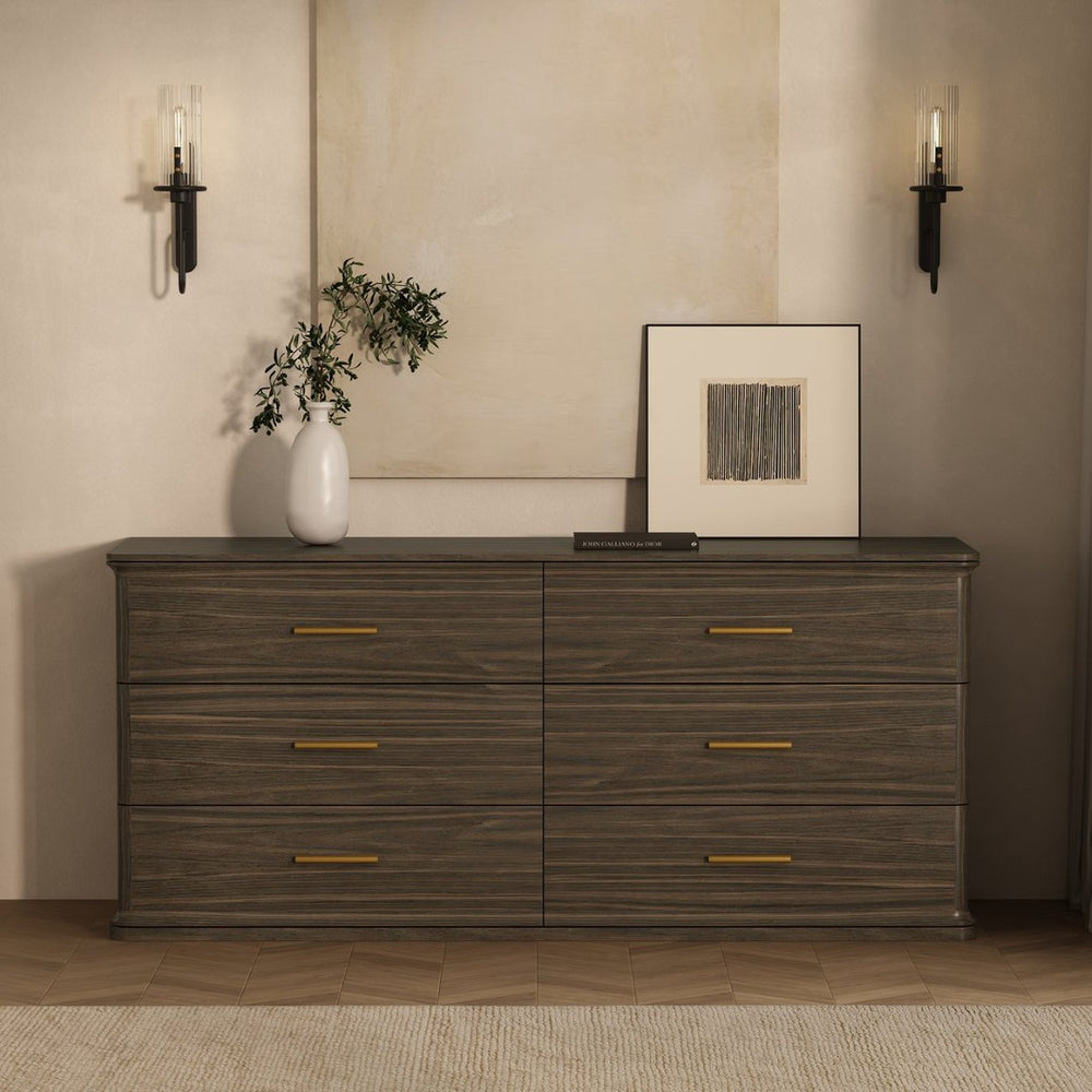 English Elm Dresser with Six Drawers in Warm Wood Grain Laminate for Modern Bedroom Storage Walnut B365S00175