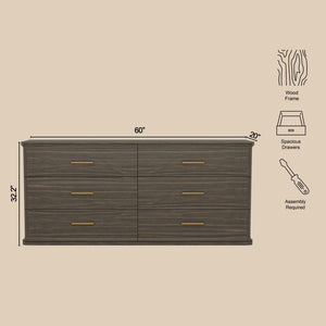 English Elm Dresser with Six Drawers in Warm Wood Grain Laminate for Modern Bedroom Storage Walnut B365S00175