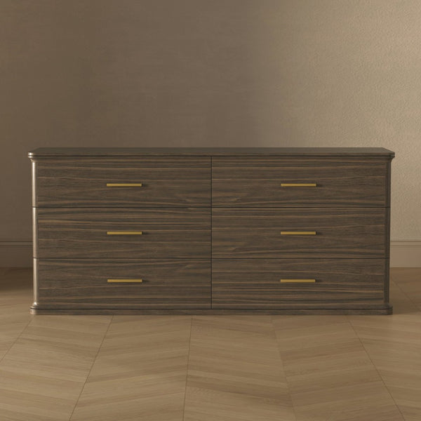 English Elm Dresser with Six Drawers in Warm Wood Grain Laminate for Modern Bedroom Storage Walnut B365S00175