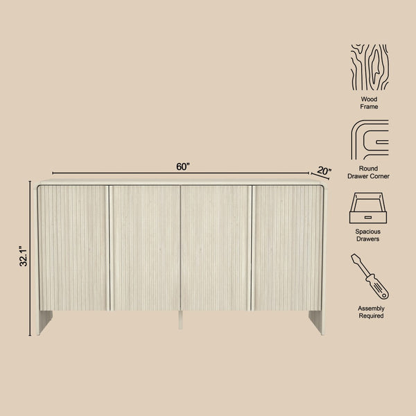 English Elm Sideboard with Fluted Drawer Fronts Push Open Handle Free Design for Dining Rooms Oak B365S00176