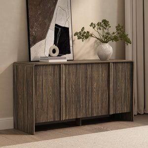 English Elm Sideboard with Fluted Drawer Fronts Push Open Handle Free Design for Dining Rooms Dark Walnut B365S00177