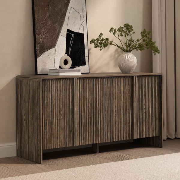 English Elm Sideboard with Fluted Drawer Fronts Push Open Handle Free Design for Dining Rooms Dark Walnut B365S00177