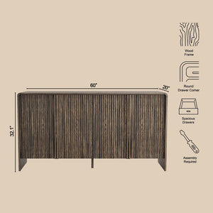 English Elm Sideboard with Fluted Drawer Fronts Push Open Handle Free Design for Dining Rooms Dark Walnut B365S00177