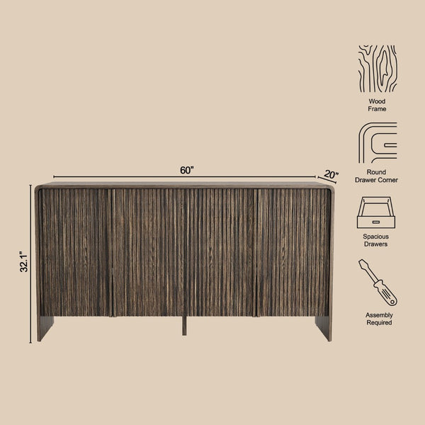 English Elm Sideboard with Fluted Drawer Fronts Push Open Handle Free Design for Dining Rooms Dark Walnut B365S00177