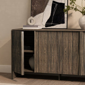English Elm Sideboard with Fluted Drawer Fronts Push Open Handle Free Design for Dining Rooms Dark Walnut B365S00177