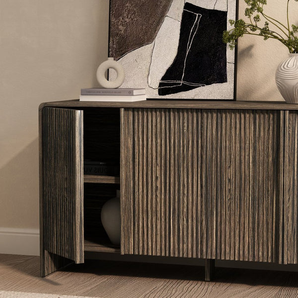English Elm Sideboard with Fluted Drawer Fronts Push Open Handle Free Design for Dining Rooms Dark Walnut B365S00177
