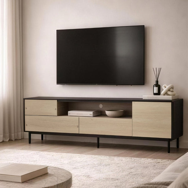 English Elm Tv Stand with Wood Laminate Top and Black Metal Frame for Modern Living Rooms B365S00179