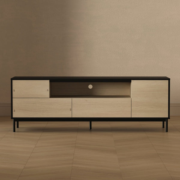 English Elm Tv Stand with Wood Laminate Top and Black Metal Frame for Modern Living Rooms B365S00179