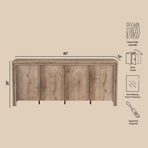 English Elm Sideboard 60 Inch Wood Grain Laminate Storage Cabinet for Dining and Living Rooms B365S00180