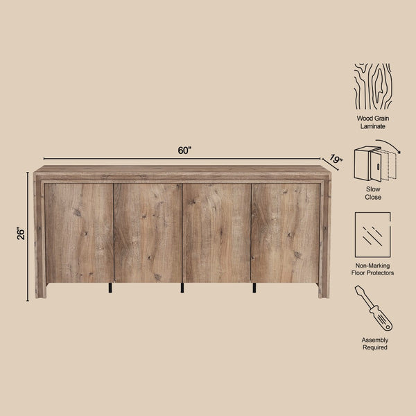 English Elm Sideboard 60 Inch Wood Grain Laminate Storage Cabinet for Dining and Living Rooms B365S00180