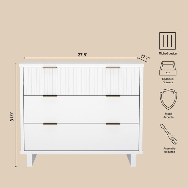 English Elm Dresser with Fluted Drawer Fronts Soft Close Glides and Elevated Base for Modern Bedrooms White B365S00181