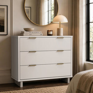 English Elm Dresser with Fluted Drawer Fronts Soft Close Glides and Elevated Base for Modern Bedrooms White B365S00181