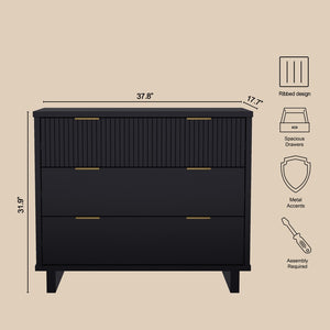English Elm Dresser with Fluted Drawer Fronts Soft Close Glides and Elevated Base for Modern Bedrooms Black B365S00182