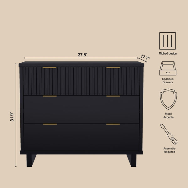 English Elm Dresser with Fluted Drawer Fronts Soft Close Glides and Elevated Base for Modern Bedrooms Black B365S00182