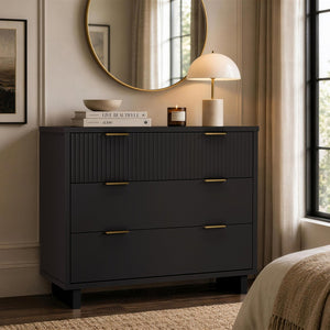 English Elm Dresser with Fluted Drawer Fronts Soft Close Glides and Elevated Base for Modern Bedrooms Black B365S00182