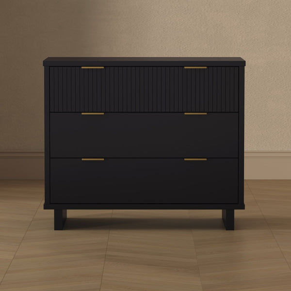 English Elm Dresser with Fluted Drawer Fronts Soft Close Glides and Elevated Base for Modern Bedrooms Black B365S00182