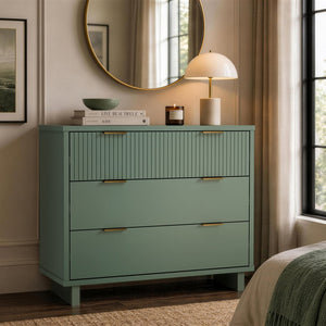 English Elm Dresser with Fluted Drawer Fronts Soft Close Glides and Elevated Base for Modern Bedrooms Sage Green B365S00183