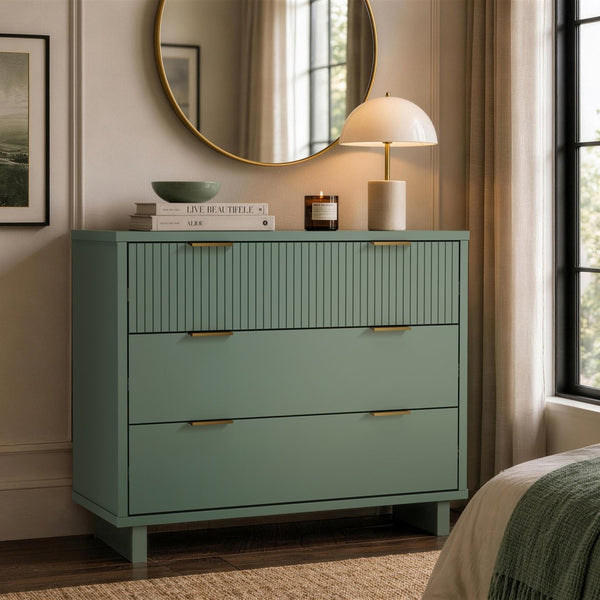English Elm Dresser with Fluted Drawer Fronts Soft Close Glides and Elevated Base for Modern Bedrooms Sage Green B365S00183