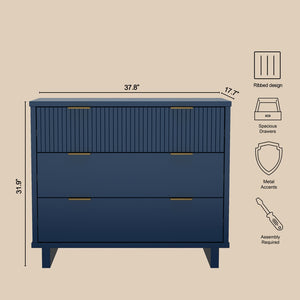 English Elm Dresser with Fluted Drawer Fronts Soft Close Glides and Elevated Base for Modern Bedrooms Midnight Blue B365S00184