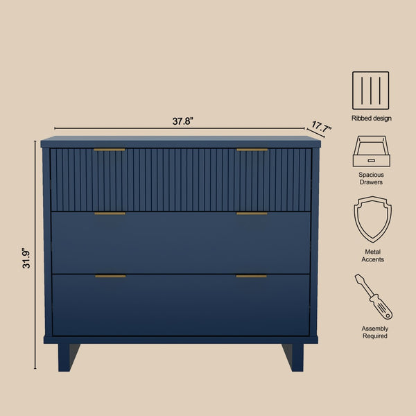 English Elm Dresser with Fluted Drawer Fronts Soft Close Glides and Elevated Base for Modern Bedrooms Midnight Blue B365S00184