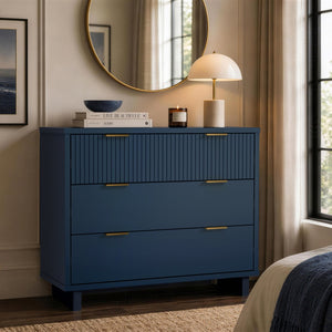 English Elm Dresser with Fluted Drawer Fronts Soft Close Glides and Elevated Base for Modern Bedrooms Midnight Blue B365S00184